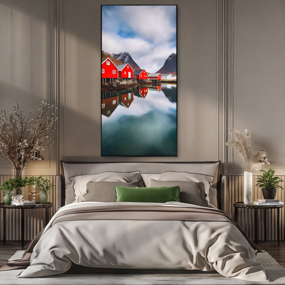 Tablou canvas cu tablou canvas cu cabane rosii, in rama de aluminiu negru, pe perete intr-un dormitor